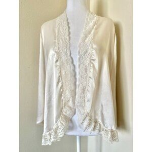 Vintage 1980s Long Sleeve Ivory Satin And Lace Bed Jacket In Medium By Lily